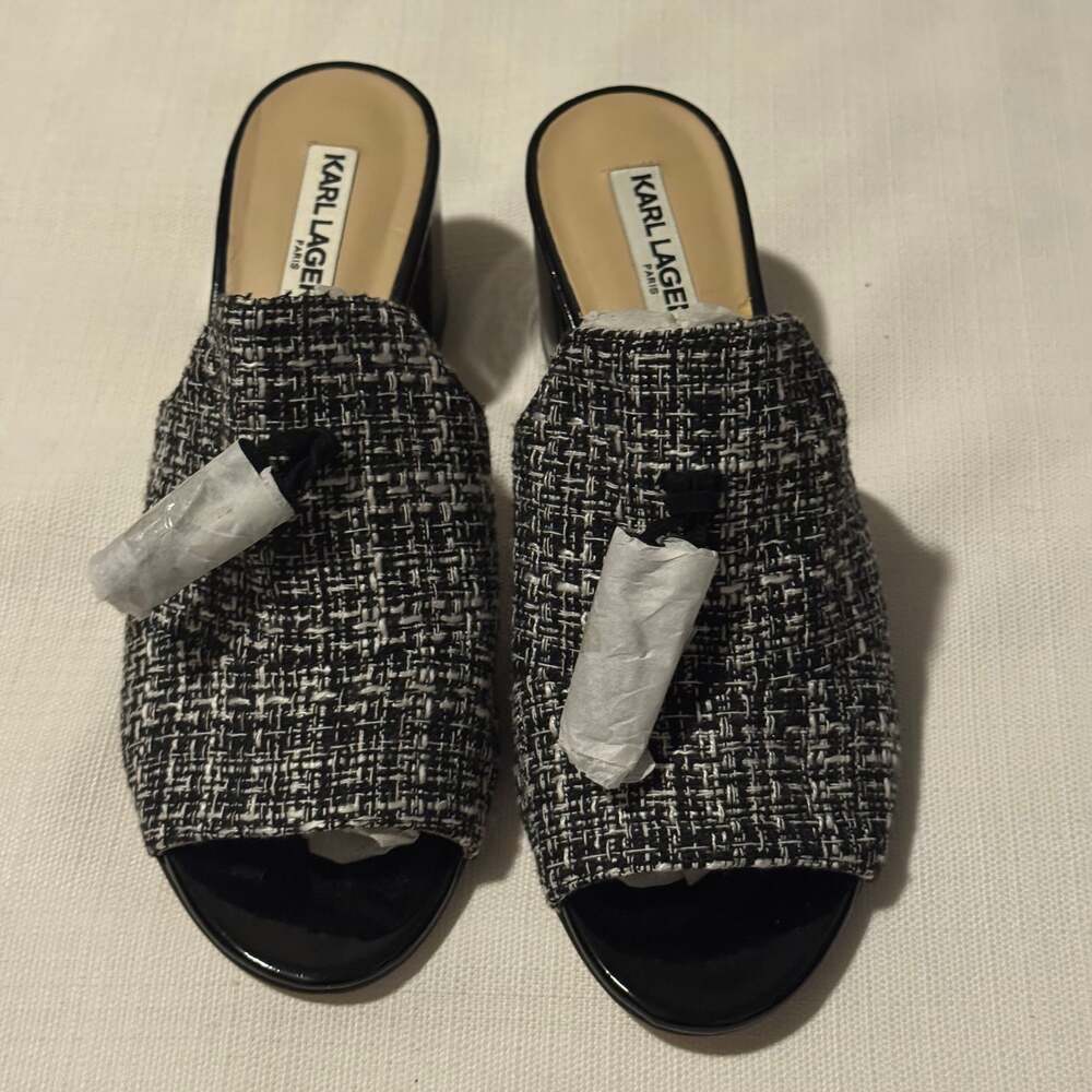 Karl Lagerfeld Size 7 Hettie Tweed Plaid Tassel Block Heel Mules